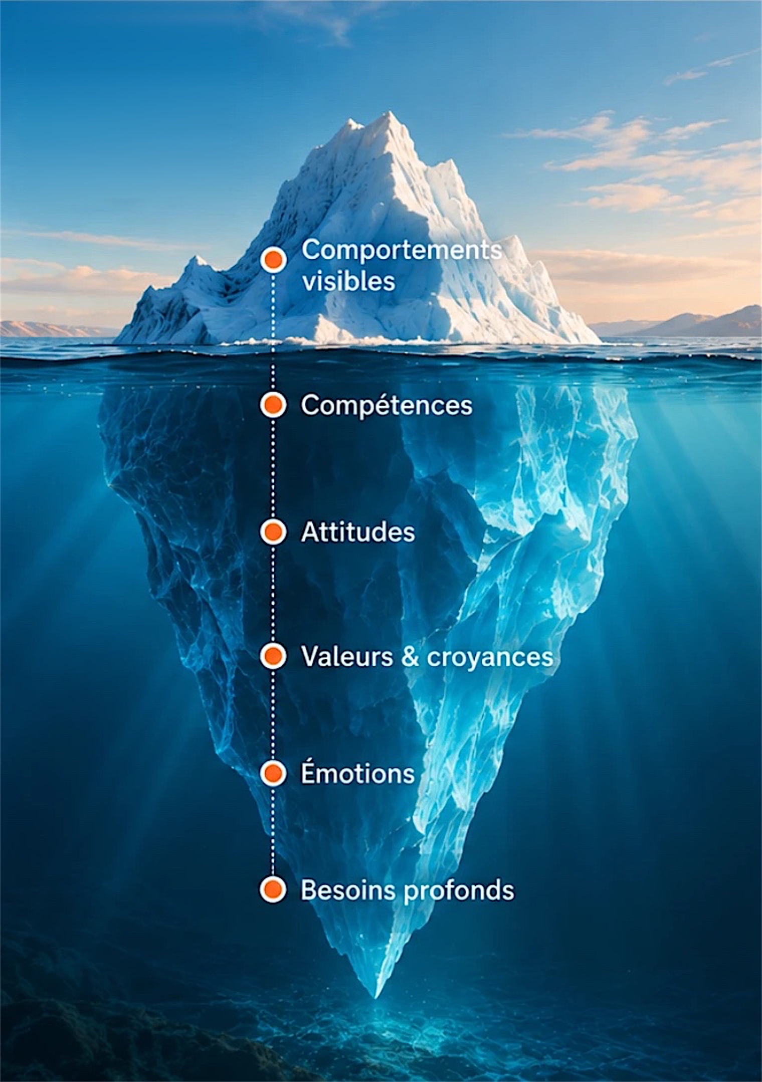 L’iceberg de la méthodologie Vieva : comportements visibles en surface, puis compétences, attitudes, valeurs et croyances, émotions et besoins profonds