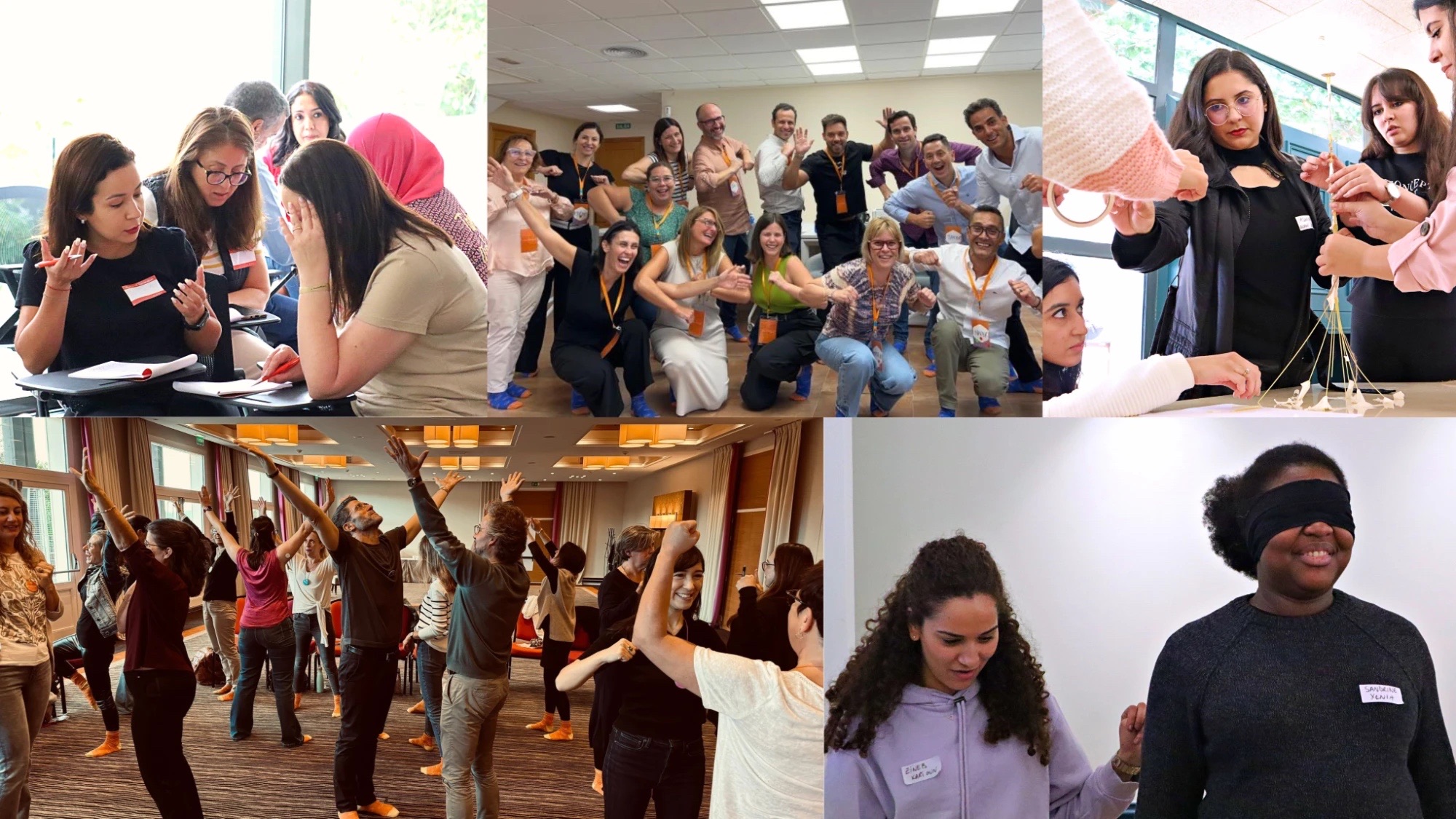 Montage de moments de team building Vieva : ateliers, jeux collectifs, construction en équipe, mouvement et exercice les yeux bandés